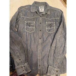 BKE Vintage Mens Gray Denim Button Up Shirt Athletic Fit Long Sleeve Size L